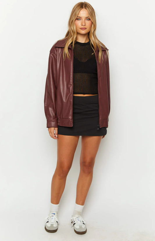 Women's Burgundy Oversized Leather Jacket Loose Fit Zip Bomber