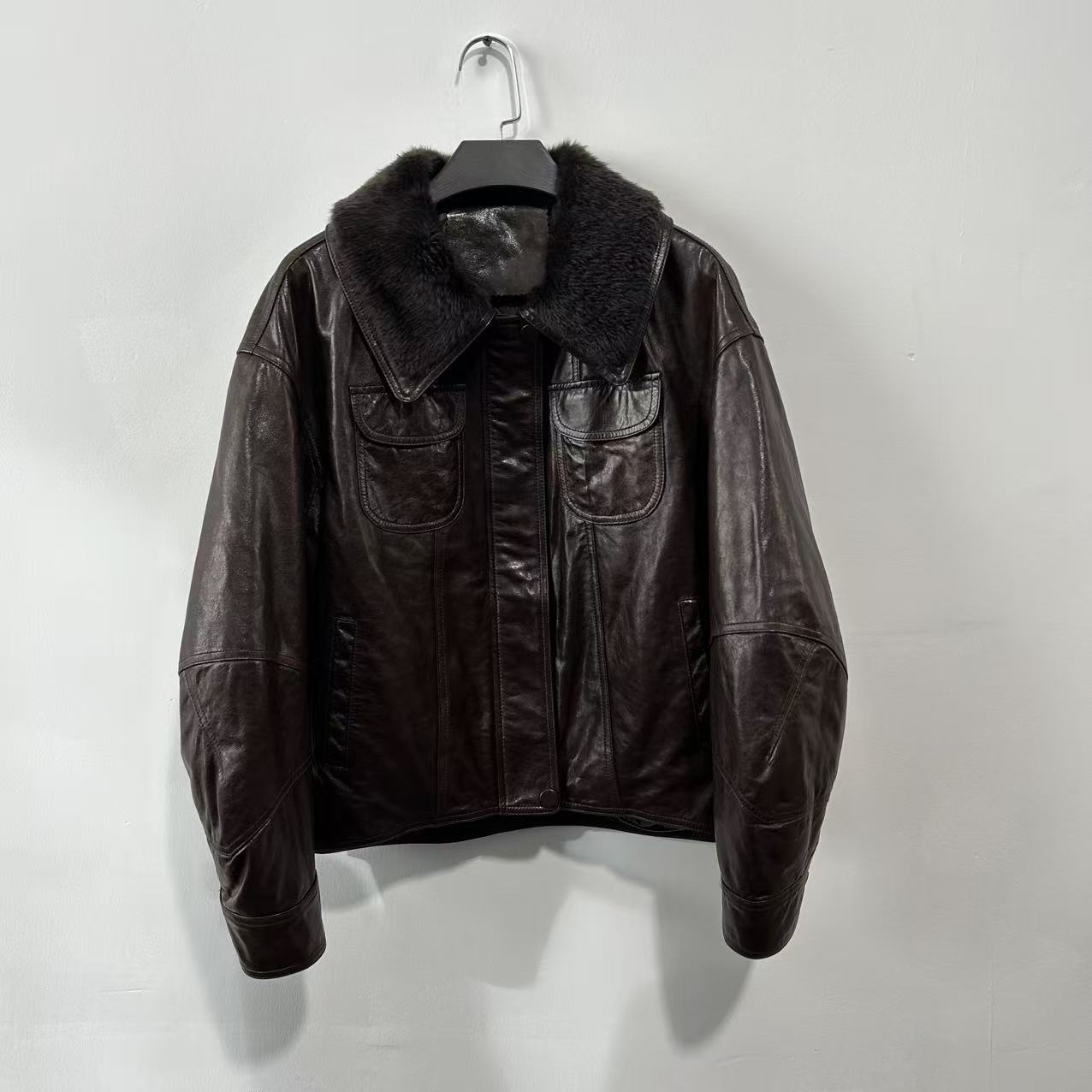 Women leather parka with fur collar