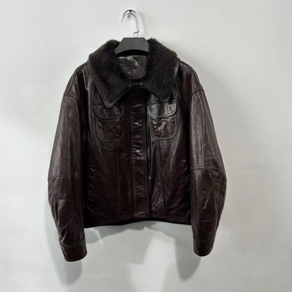 Women leather parka with fur collar