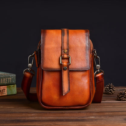 Retro top grain leather crossbody sling bag for daily carry