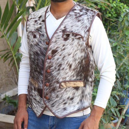Hair on cowhide vest for men in brown and white tones, designed with real cowhide and western appeal—great for layering through cooler seasons.