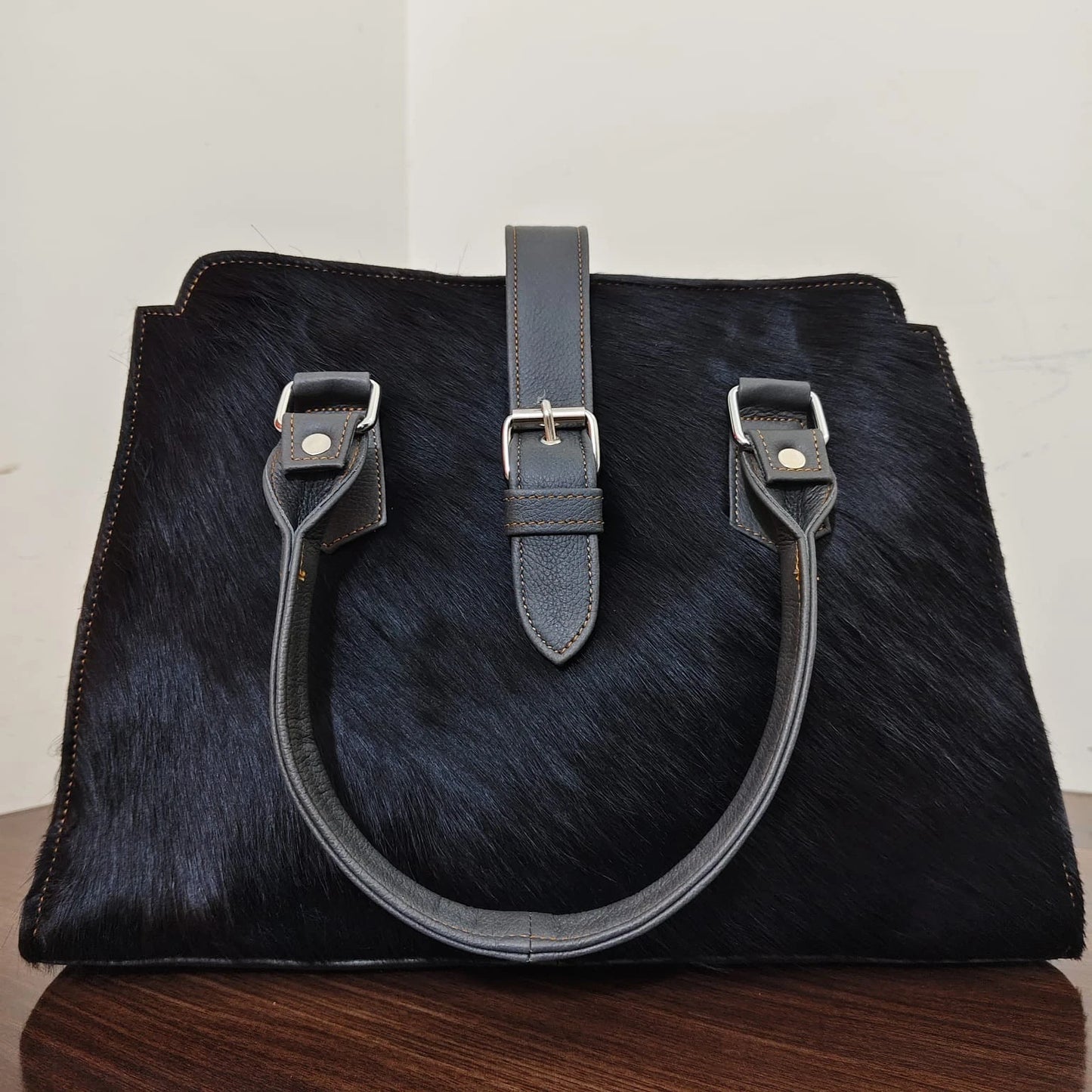 Black cowhide pony hair leather tote crossbody bag
