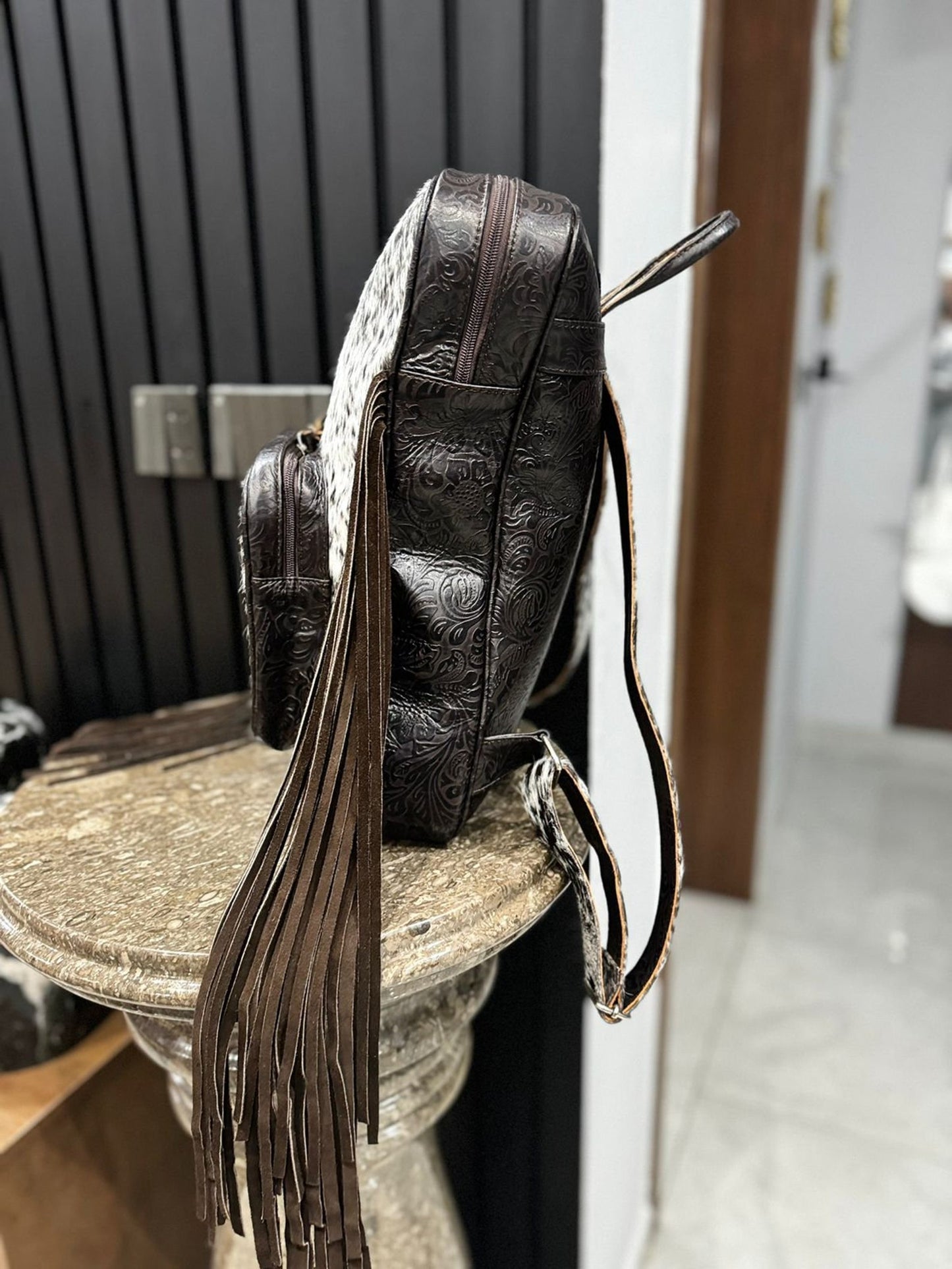 Cowhide Fringe Backpack Black White Leather Travel Bag
