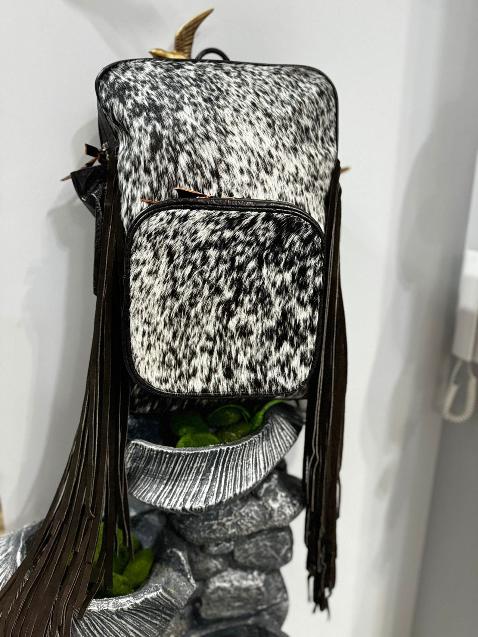 Cowhide Fringe Backpack Black White Leather Travel Bag