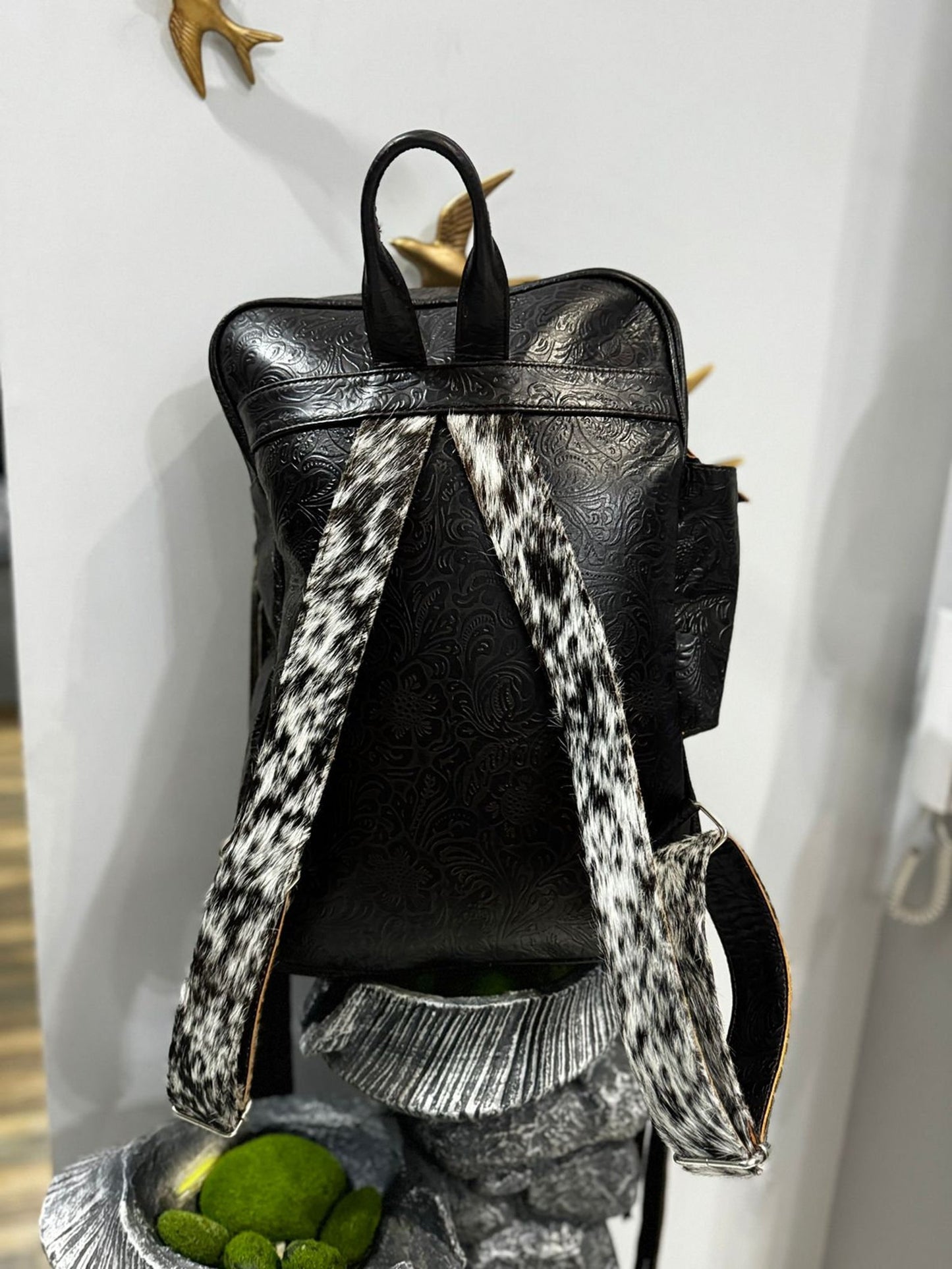 Cowhide Fringe Backpack Black White Leather Travel Bag