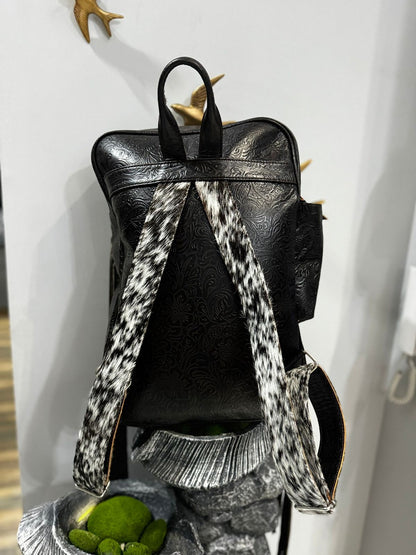 Cowhide Fringe Backpack Black White Leather Travel Bag