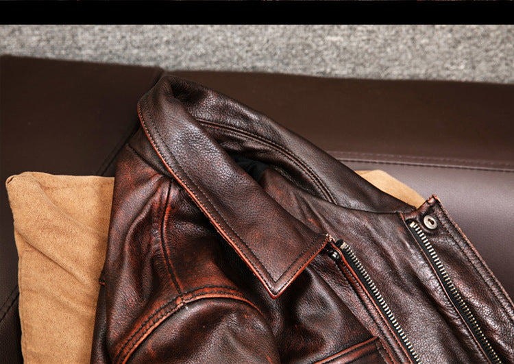 Distressed brown moto leather jacket vintage biker