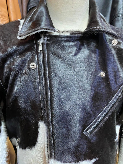 men cowhide jacket black white hair on cow hide jacket