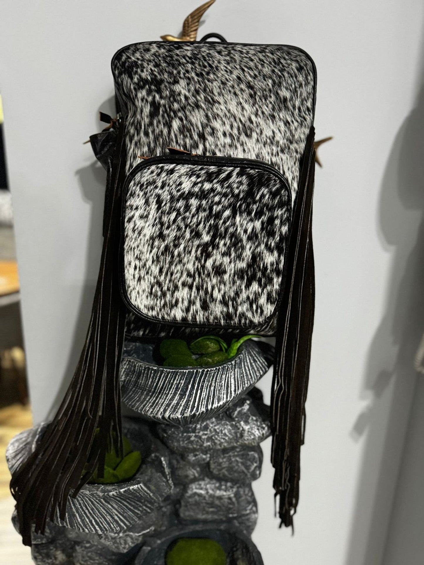 Cowhide Fringe Backpack Black White Leather Travel Bag