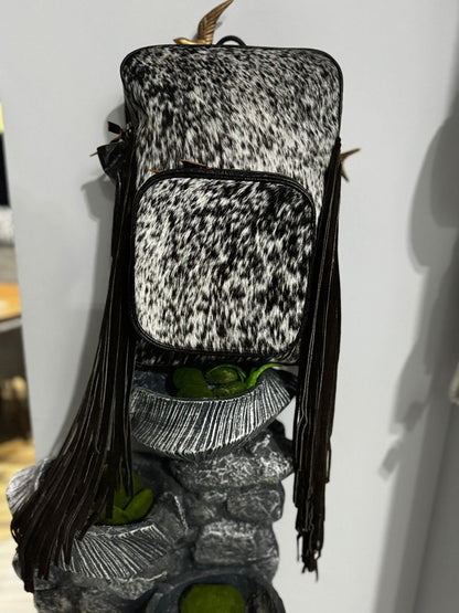 Cowhide Fringe Backpack Black White Leather Travel Bag