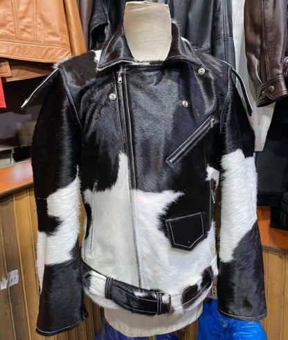 men cowhide jacket black white hair on cow hide jacket