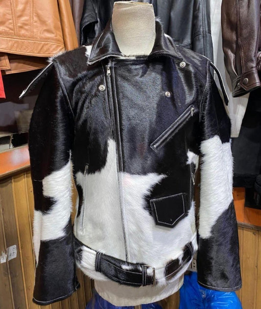 men cowhide jacket black white hair on cow hide jacket