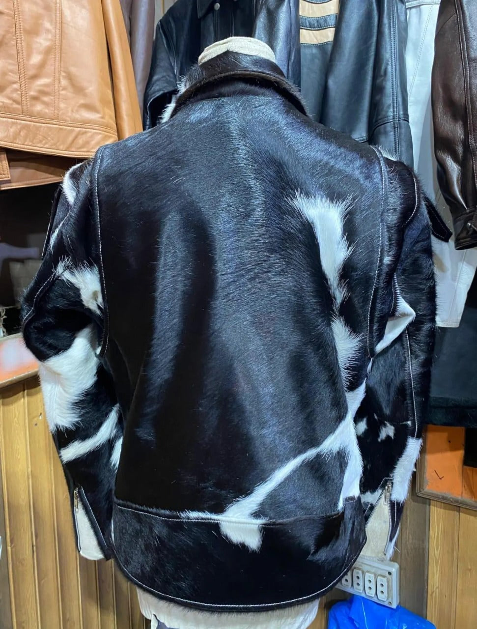 men cowhide jacket black white hair on cow hide jacket