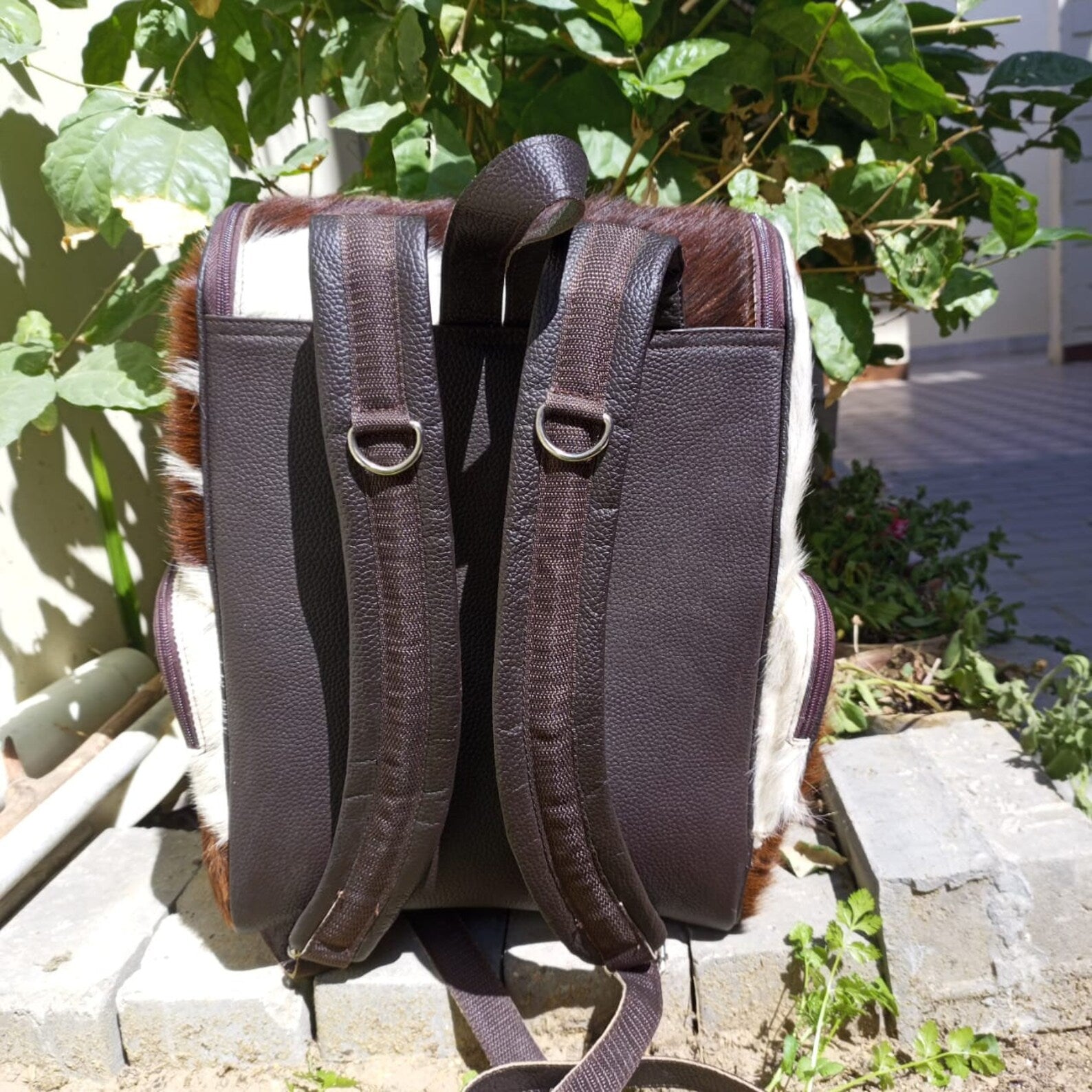 Dark Tricolor Cowhide Backpack Hair On Leather Travel Bag
