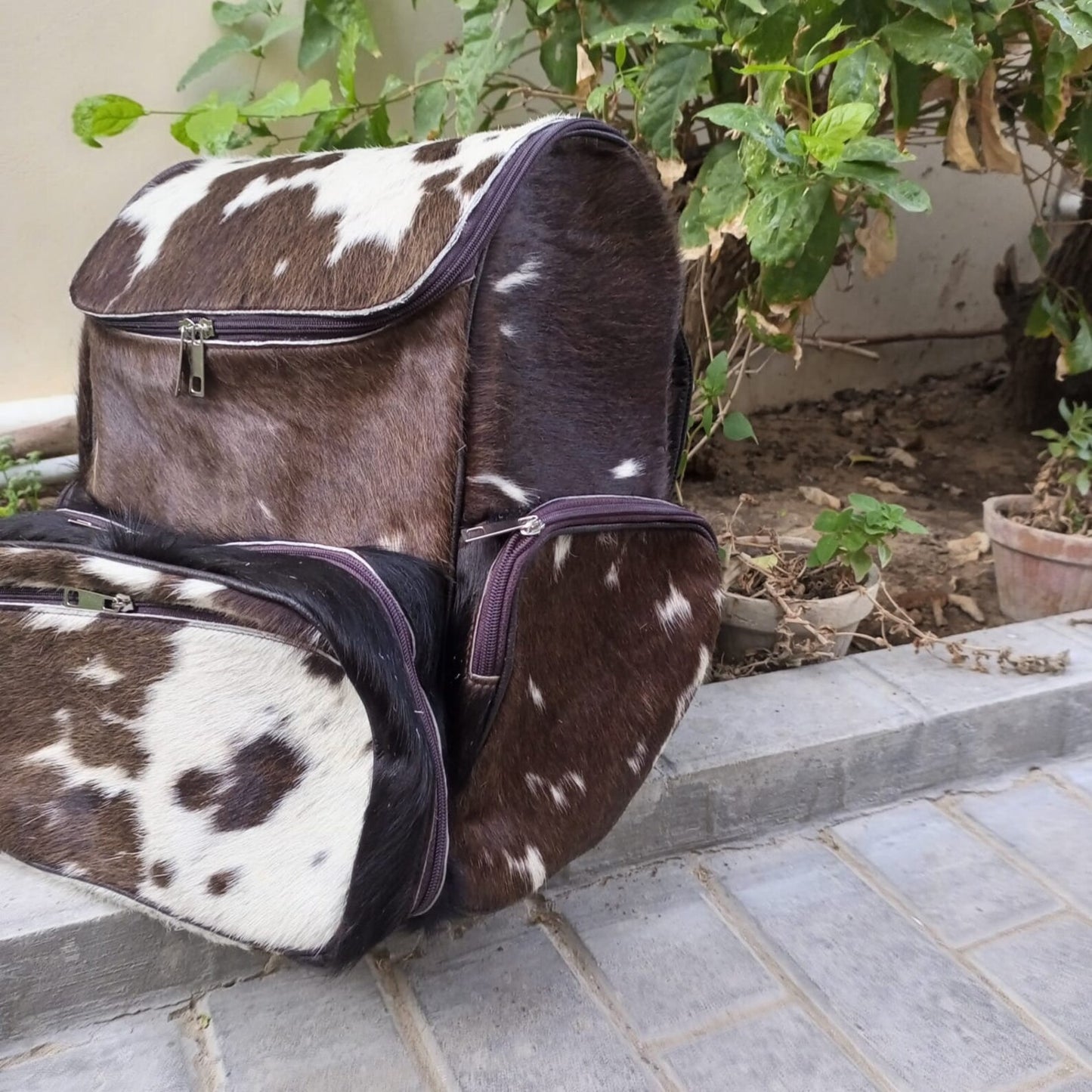 Dark Tricolor Cowhide Backpack Hair On Leather Travel Bag