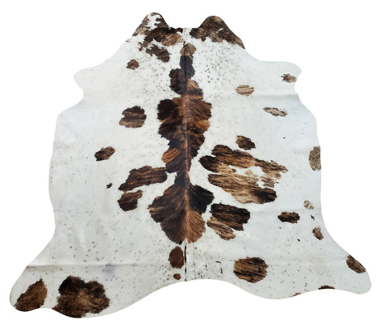A beautiful natural cowhide rug, mostly white with rustic brown and some hints of dark, perfect man cave or your country style cottage