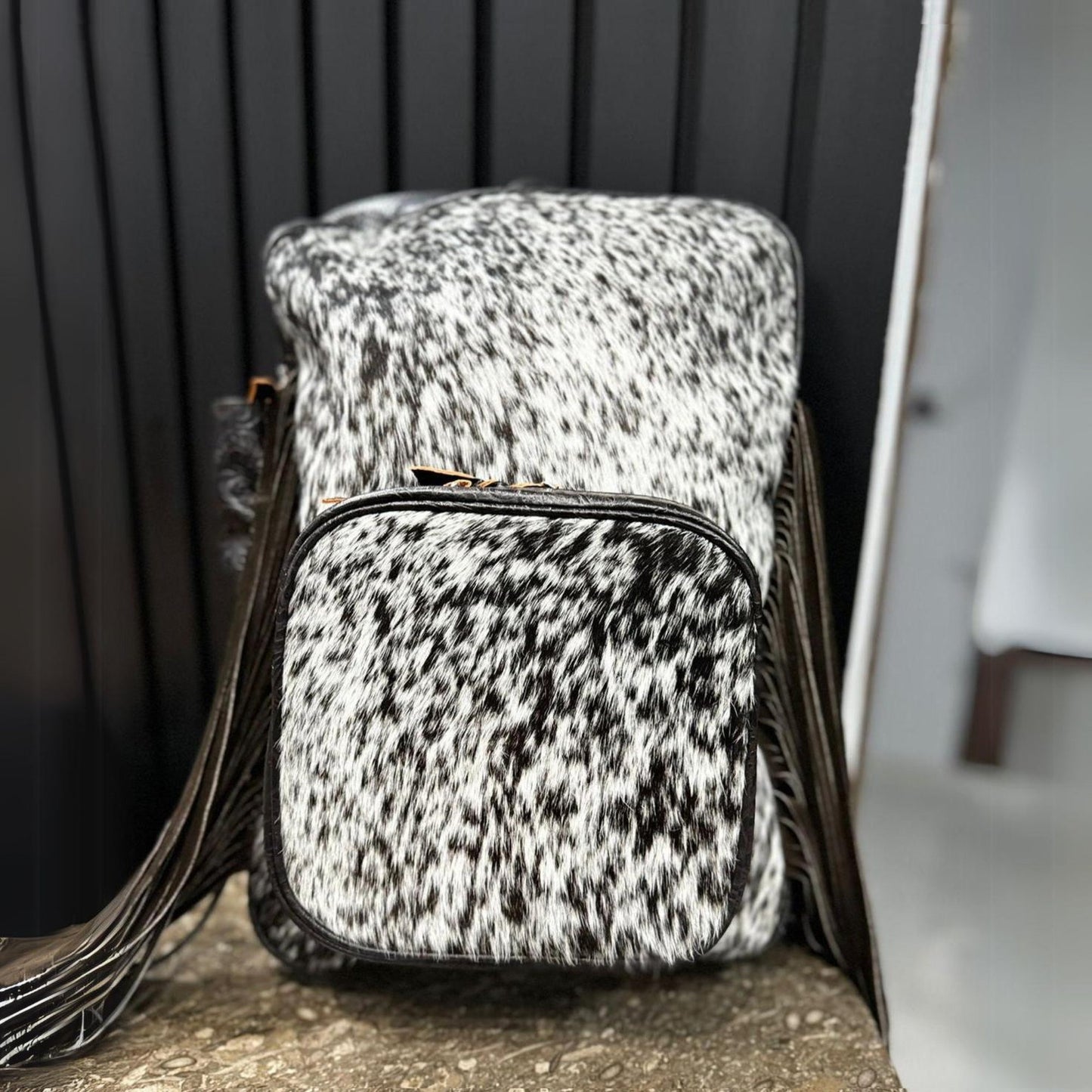 Cowhide Fringe Backpack Black White Leather Travel Bag