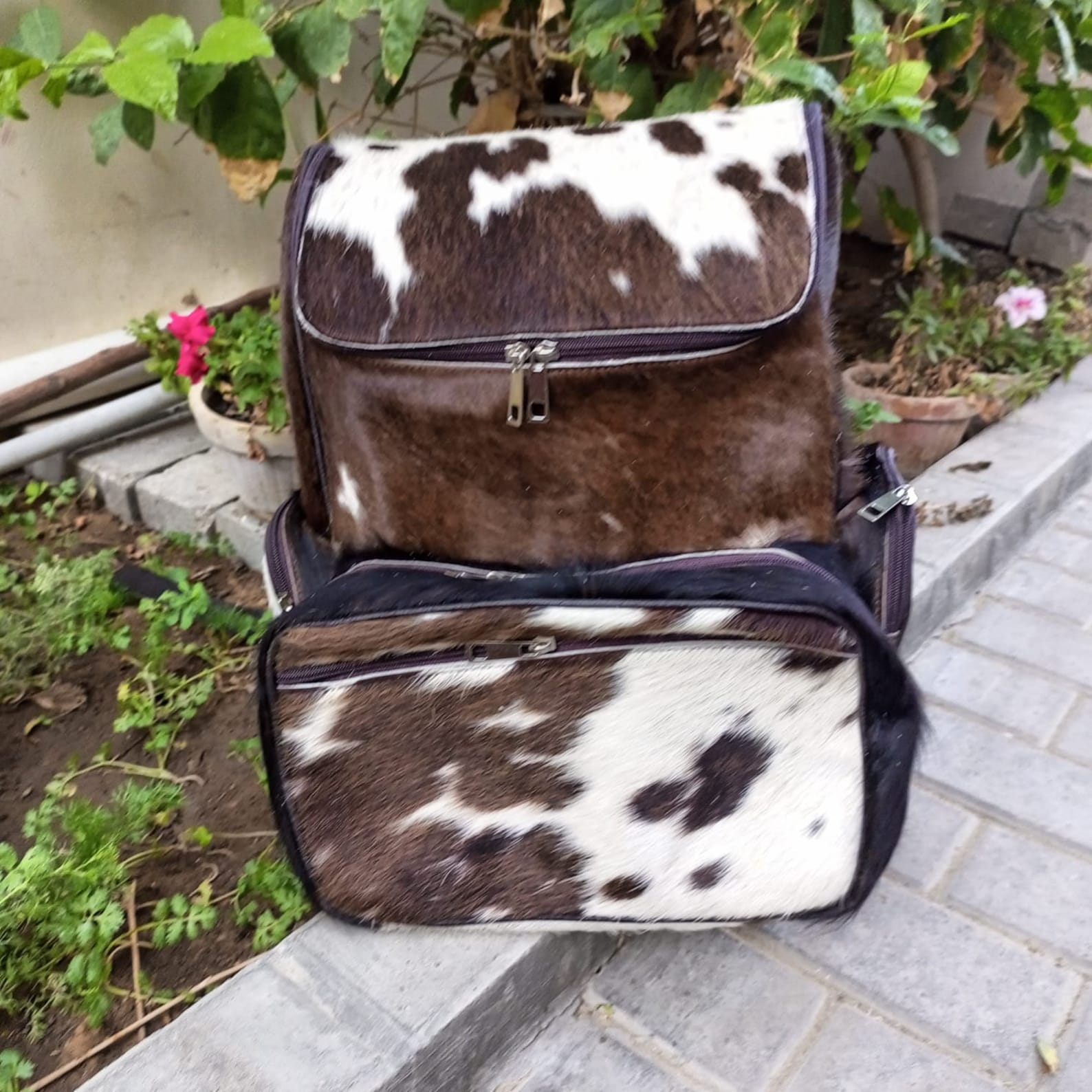 Dark Tricolor Cowhide Backpack Hair On Leather Travel Bag