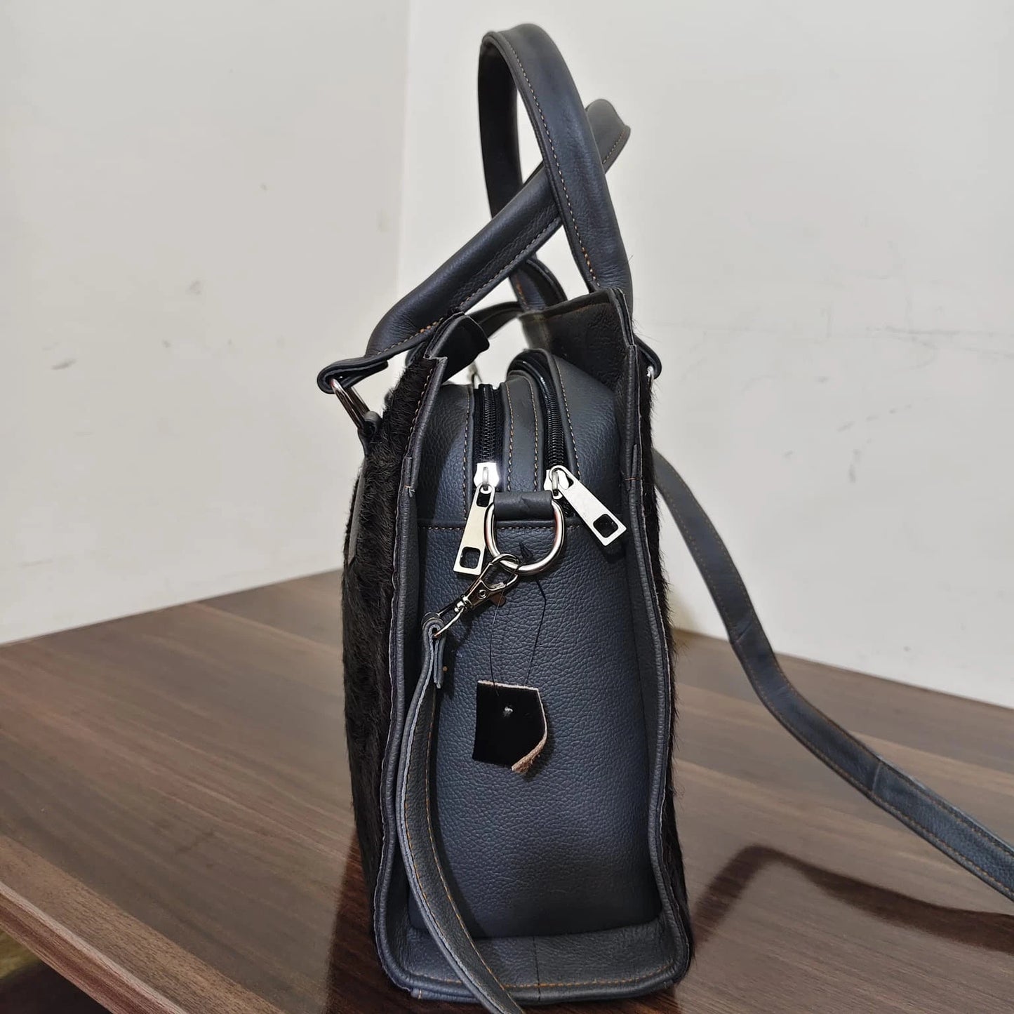 Black cowhide pony hair leather tote crossbody bag