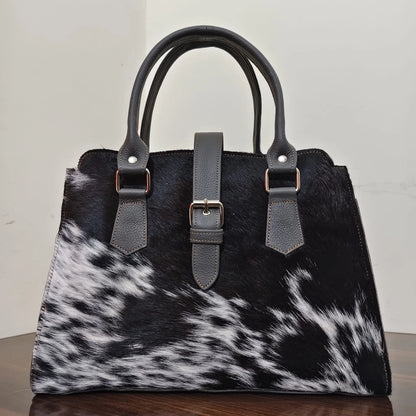Black white cowhide leather tote bag