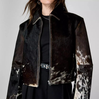 Women Cowhide Jacket Hair On Cowhide Leather