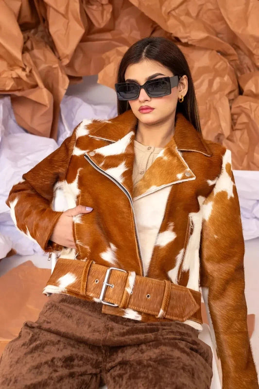Cowhide Jacket Women Brown White