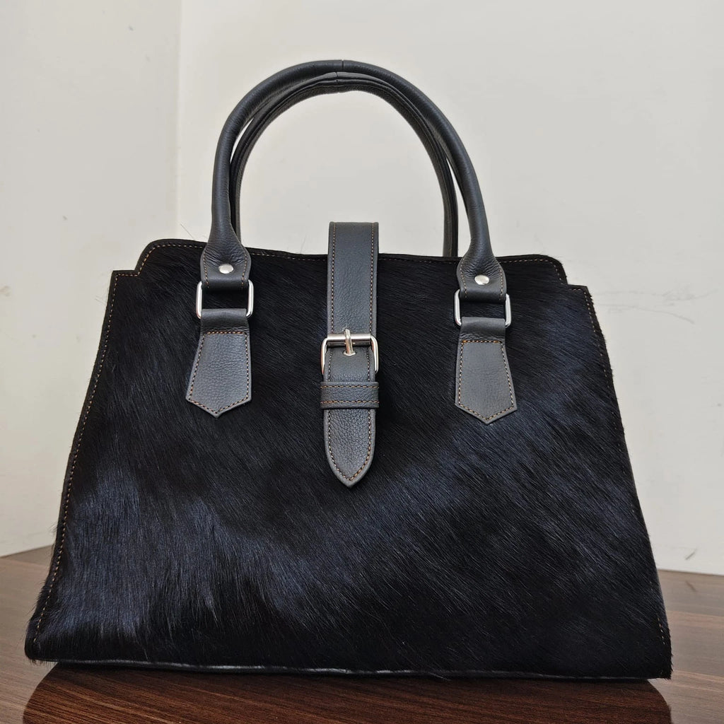 Black cowhide pony hair leather tote crossbody bag