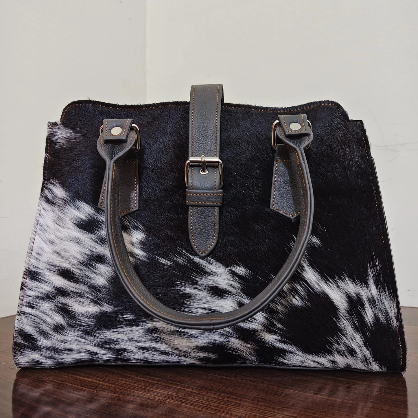 Black white cowhide leather tote bag