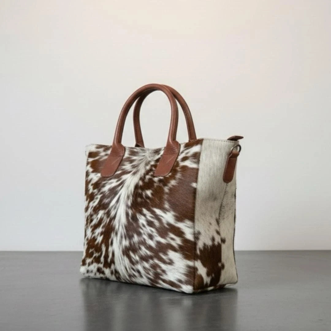 Western cowhide hair on leather tote bag