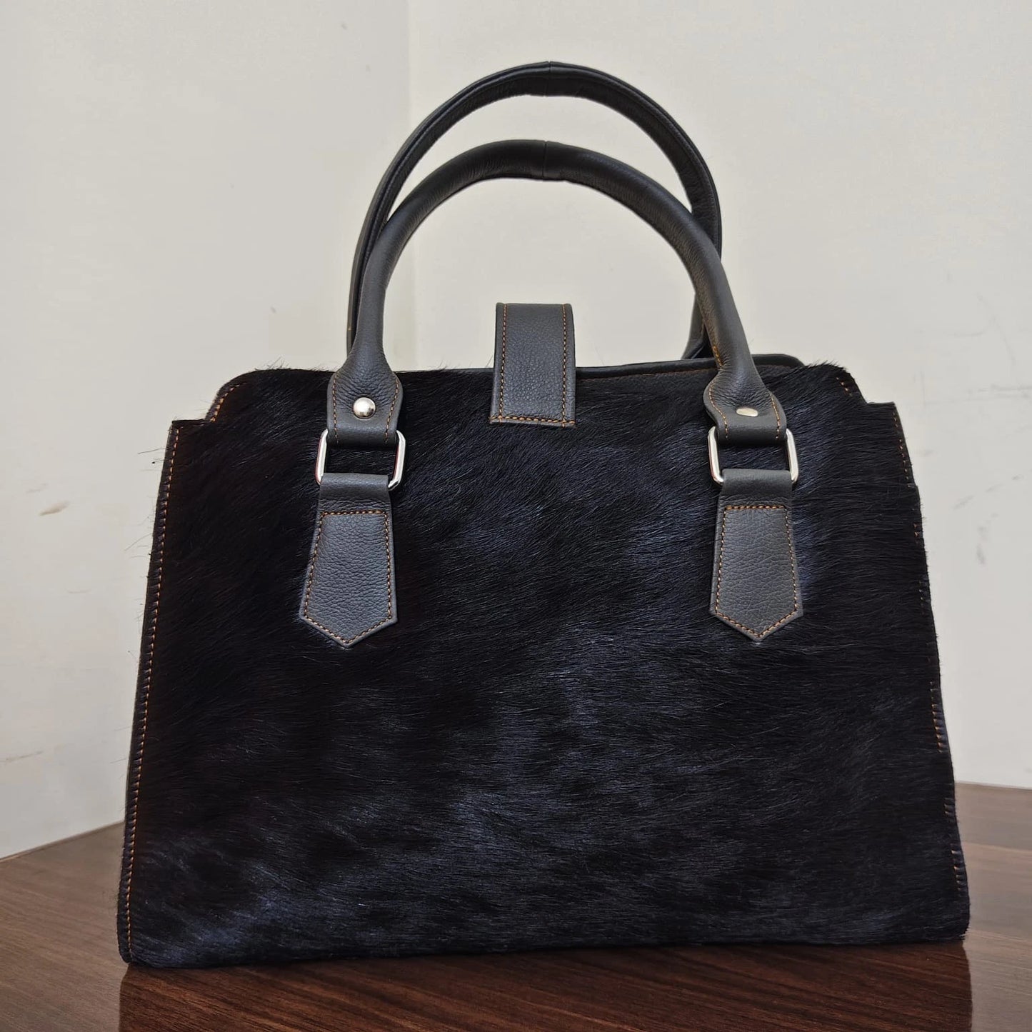 Black cowhide pony hair leather tote crossbody bag