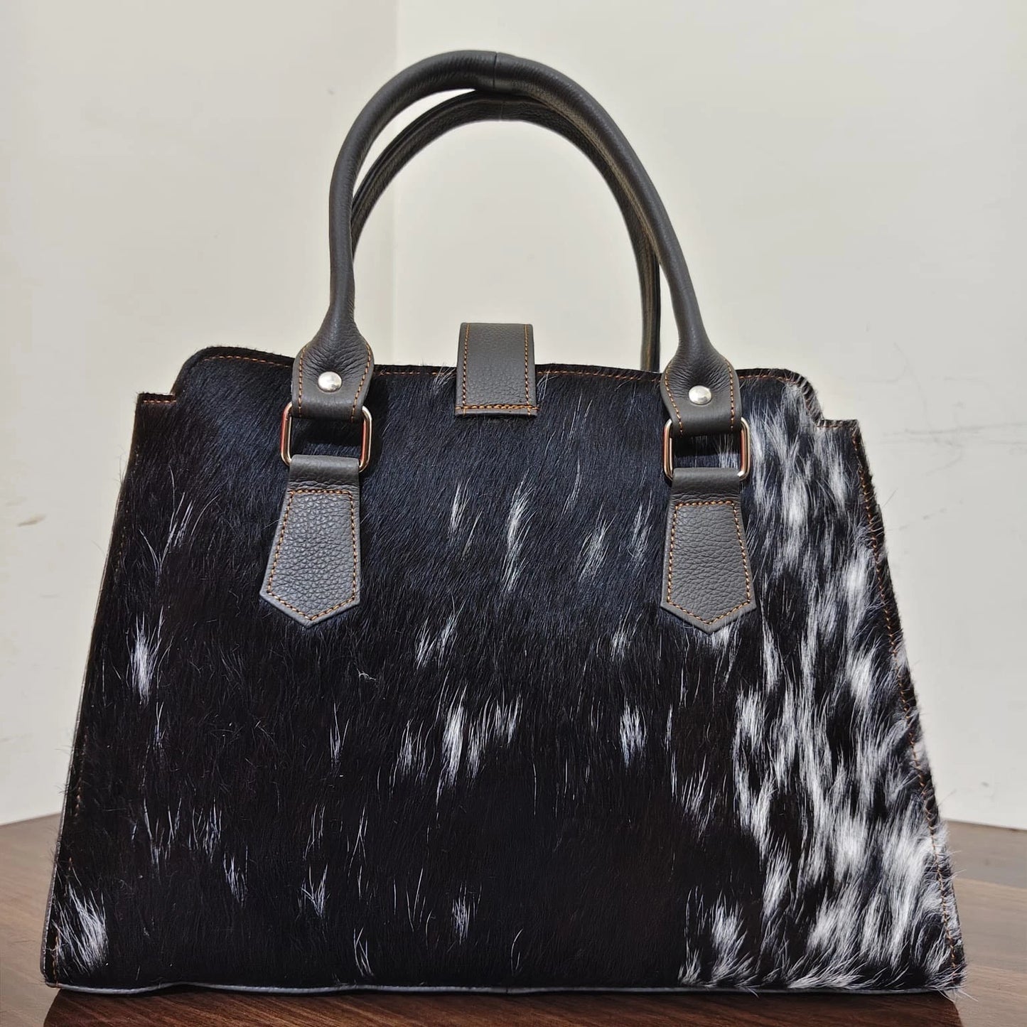 Black white cowhide leather tote bag
