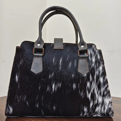 Black white cowhide leather tote bag