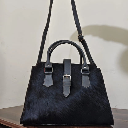 Black cowhide pony hair leather tote crossbody bag