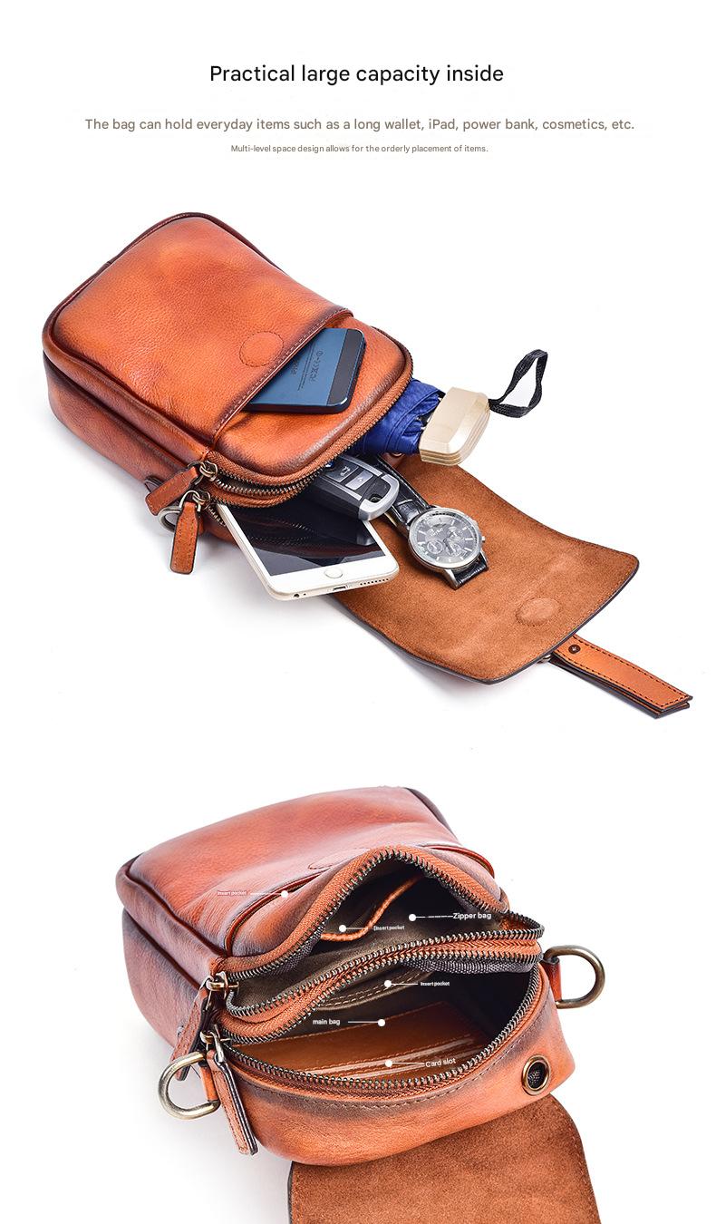 Retro top grain leather crossbody sling bag for daily carry