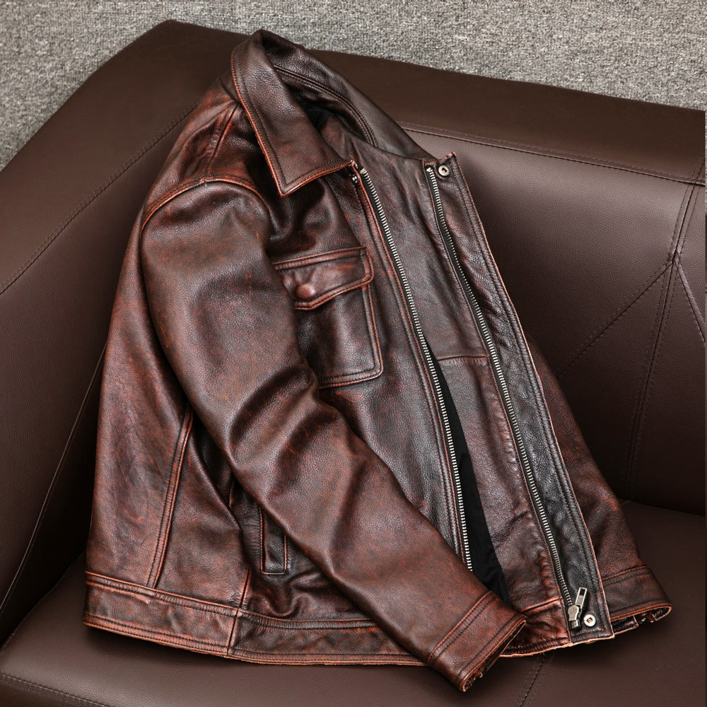 Distressed brown moto leather jacket vintage biker