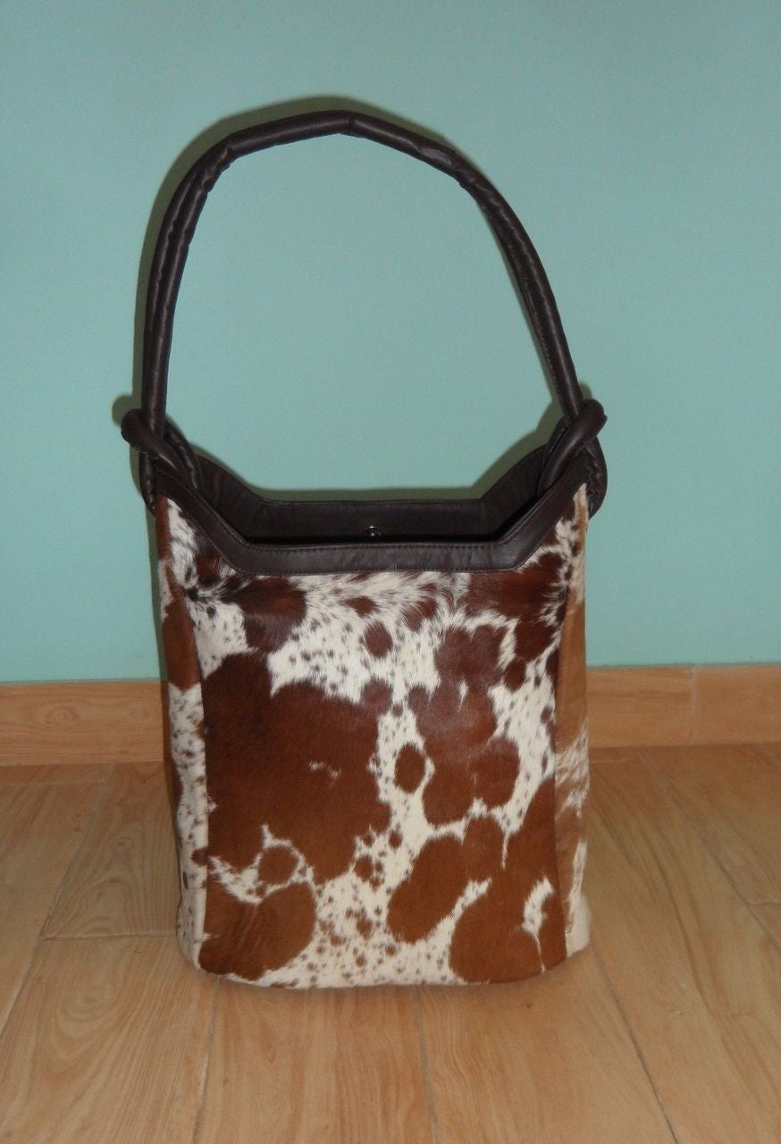 Brown And White Cowhide Bucket Bag 