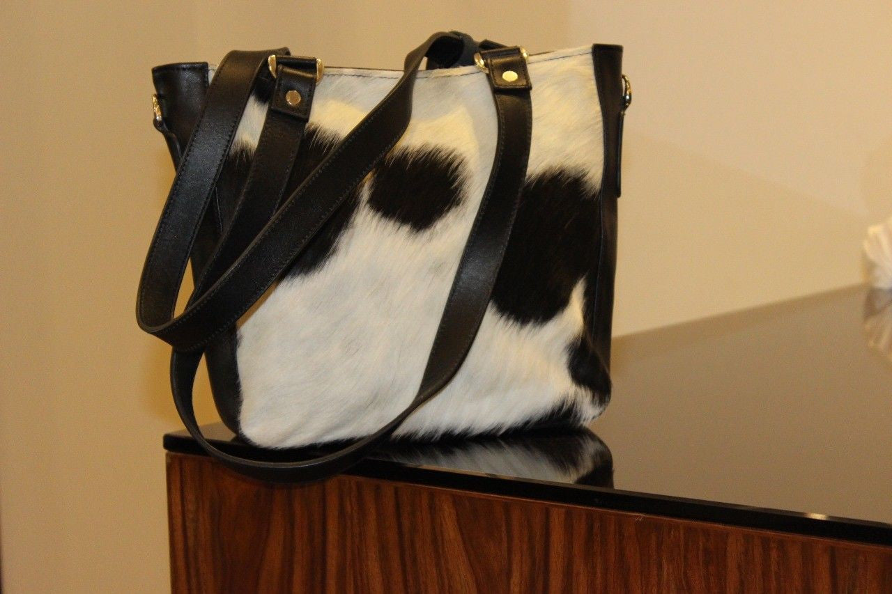 Black and white Cowhide Fur Leather Shoulder Bag Purse