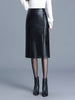 Black PU Leather Midi Skirt With Front Slit High Waist