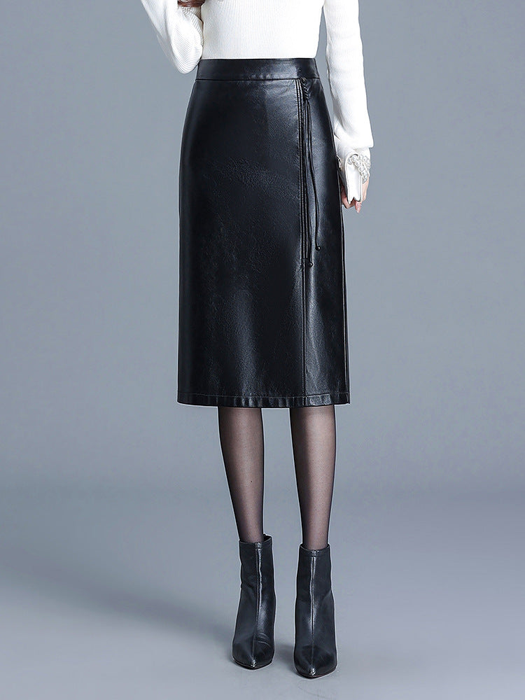 Black PU Leather Midi Skirt With Front Slit High Waist