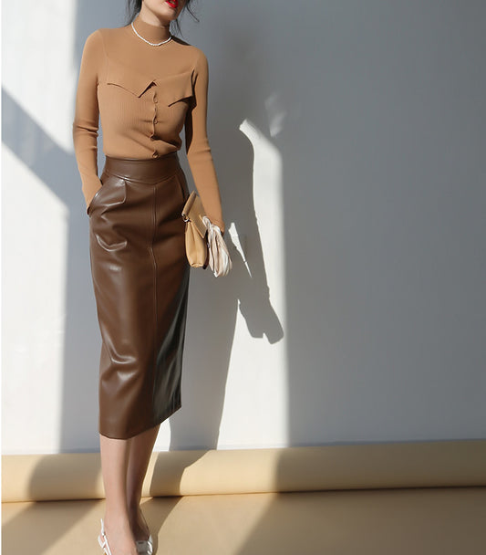 High Waist Faux Leather Midi Pencil Skirt With Back Slit