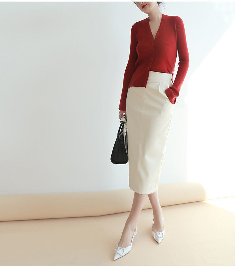 High Waist Faux Leather Midi Pencil Skirt With Back Slit
