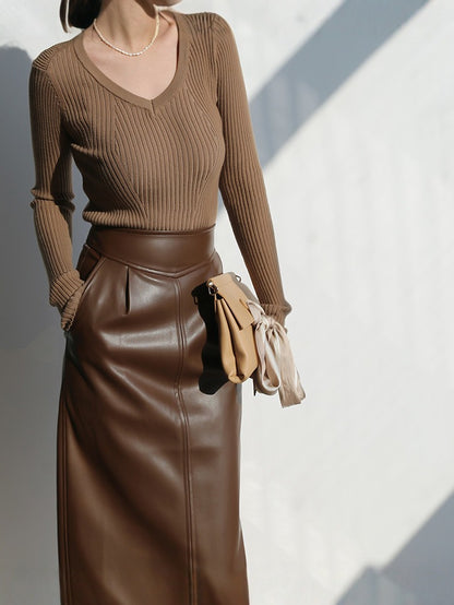 High Waist Faux Leather Midi Pencil Skirt With Back Slit