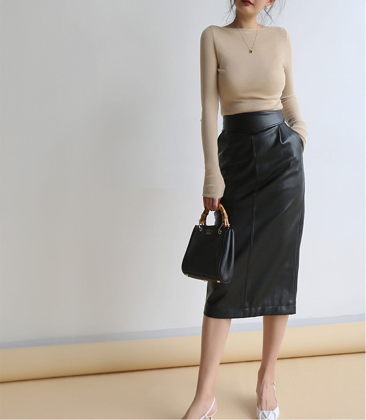High Waist Faux Leather Midi Pencil Skirt With Back Slit