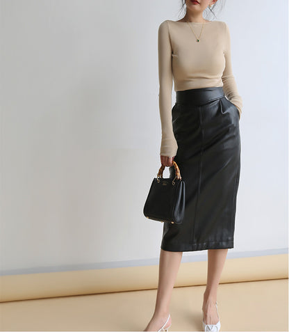 High Waist Faux Leather Midi Pencil Skirt With Back Slit
