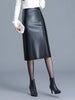 Black PU Leather Midi Skirt With Front Slit High Waist