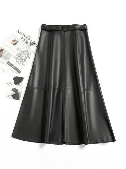High Waist Sheepskin Leather Midi Skirt Structured