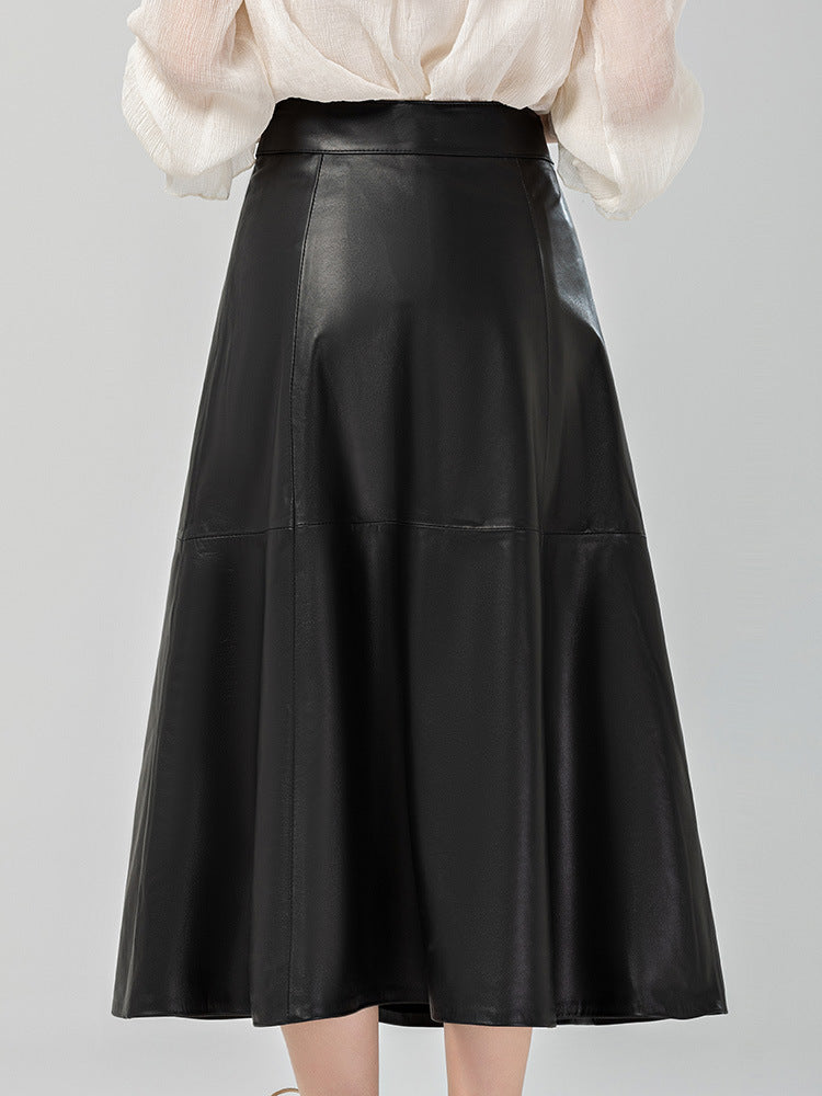 High Rise Black Genuine Leather Midi Skirt