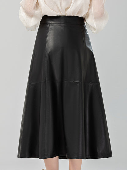 High Rise Black Genuine Leather Midi Skirt