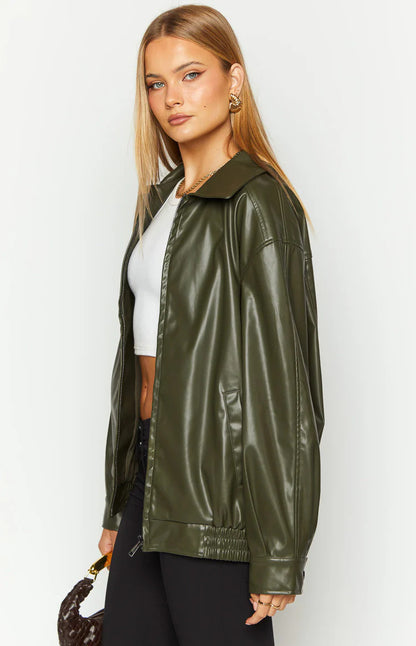 Olive Green Faux Leather Jacket Women Relaxed Zip Front