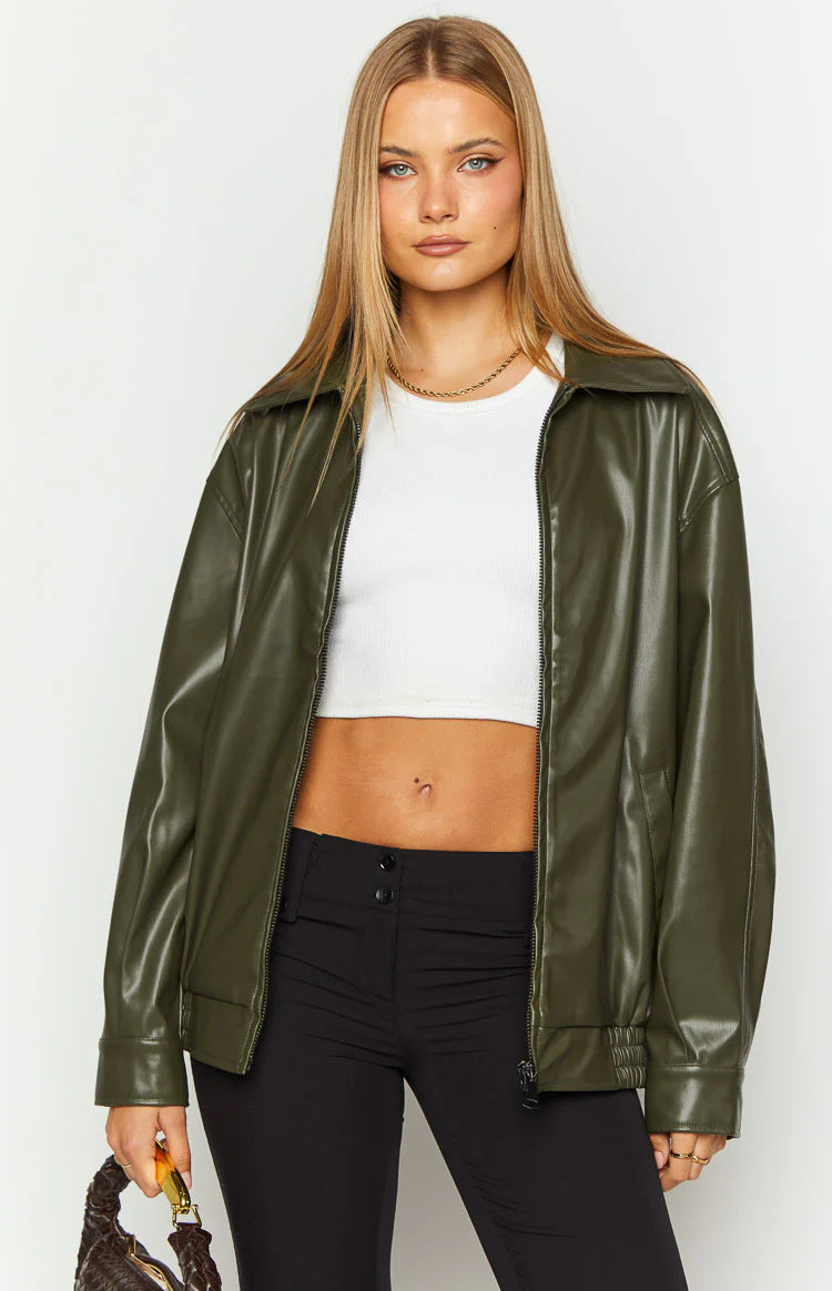 Olive Green Faux Leather Jacket Women Relaxed Zip Front
